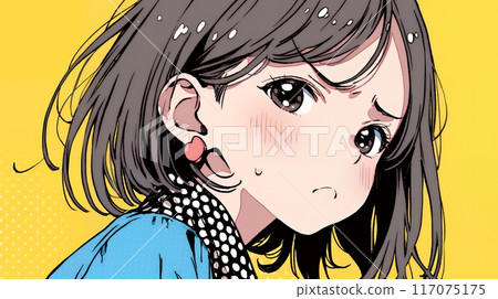 一名年輕女子扭曲嘴巴和臉來表達不愉快的情緒 117075175