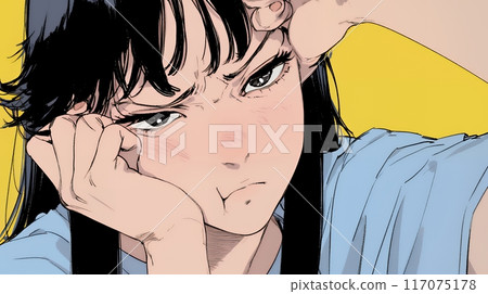 Young woman distorting her mouth and face to express disgust 117075178