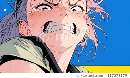 Young woman distorting her mouth and face to express disgust 117075179