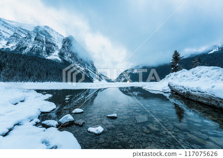 View of Frozen Lake Louise during winter in the dawn at Banff national park, Canada View of Frozen Lake Louise during winter in the dawn at Banff national park, Canada 117075626
