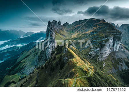 Landscape of rocky mountain ridge of Saxer Lucke in Swiss Alps at Appenzell, Switzerland 117075632