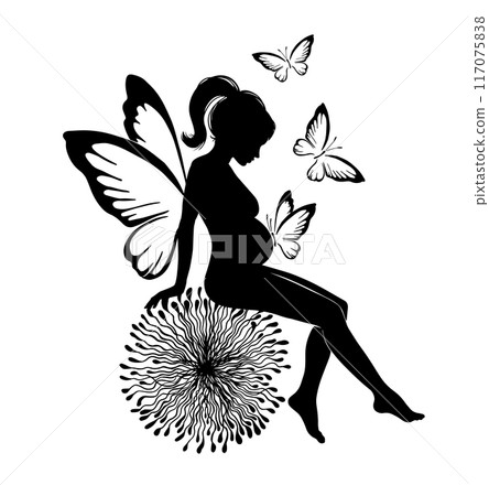 Pregnant girl silhouette. Flower Fairy with Butterflies and Wings. hand drawn. Not AI, Vector illustration Pregnant girl silhouette. Flower Fairy with Butterflies and Wings. hand drawn. Not AI, Vector illustration 117075838