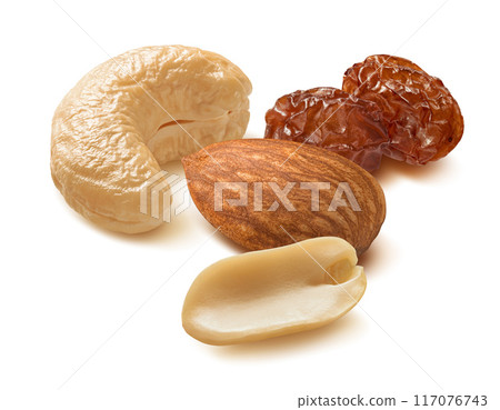 Almond, cashew nut, peanut and raisins isolated on white background 117076743