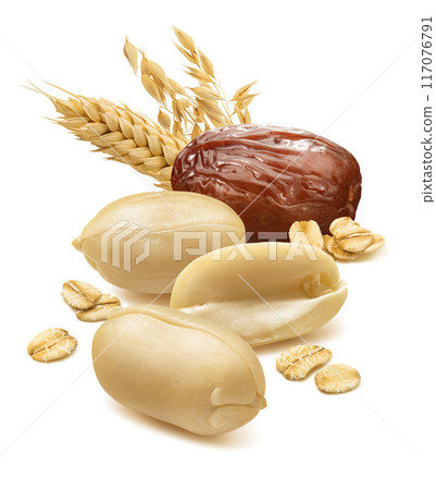 Peanuts, dates, rolled oats, wheat and oat ears isolated on white background 117076791