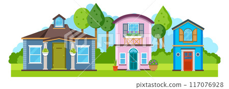 Village houses street. Green town rural architecture Village houses street. Green town rural architecture 117076928