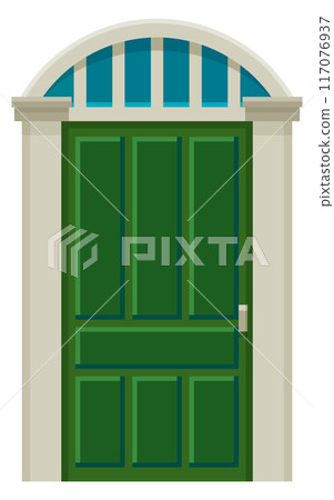 Green front door. Cartoon house facade doorway Green front door. Cartoon house facade doorway 117076937