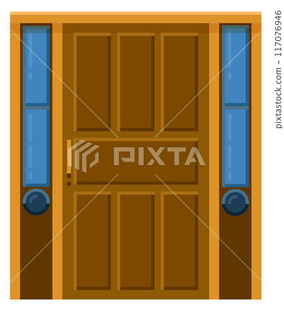 Wooden front door. Cartoon house entry icon 117076946