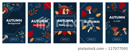Vector collection of autumn backgrounds with space for text. Colorful banners, posters, design templates on social networks with leaves and mushrooms on blue background. 117077095