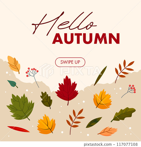 Flat autumn border frame. Social media post vector template. Colorful background with autumn leaves and copy space. Flat autumn border frame. Social media post vector template. Colorful background with autumn leaves and copy space. 117077108