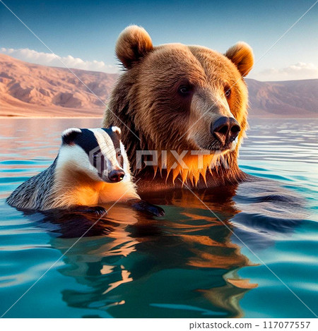 a bear cub and a badger drink tea near a village house. High quality illustration 117077557