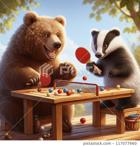 a bear cub and a badger drink tea near a village house. High quality illustration a bear cub and a badger drink tea near a village house. High quality illustration 117077660
