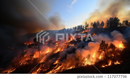 Raging wildfire burning through a forest, engulfing trees in flames and generating thick smoke. Environmental disaster and climate change concept. Raging wildfire burning through a forest, engulfing trees in flames and generating thick smoke. Environmental disaster and climate change concept. 117077796