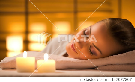 Serene woman enjoys a relaxing spa treatment by candlelight, promoting wellness and tranquility. 117077807