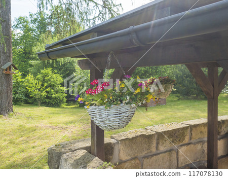 Close up white wicker basket, flower pot with various colorful blooming flowers hanging from wooden roofed pergola or altan. 117078130