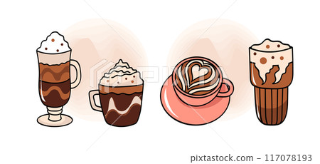 Coffee drinks. Colored cartoon illustrations in doodle style. Cappuccino, mocha, ice cream. Coffee drinks. Colored cartoon illustrations in doodle style. Cappuccino, mocha, ice cream. 117078193