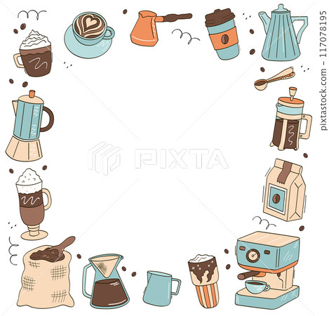 Coffee doodle icons frame. Coffee, coffee pot, coffee machine, bag of beans, latte, cappuccino, glass. Coffee doodle icons frame. Coffee, coffee pot, coffee machine, bag of beans, latte, cappuccino, glass. 117078195