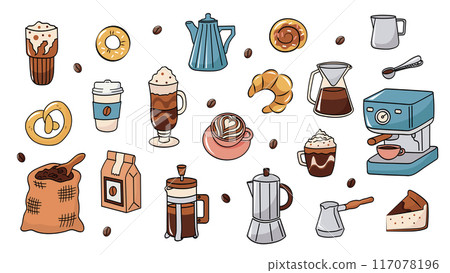 Coffee cute cartoon stickers in doodle style. Vector illustration for bakery or coffee house. 117078196