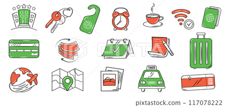 Hotel or hostel green orange color doodle icon set. Tourism, travel hand drawn illustrations on white background. 117078222