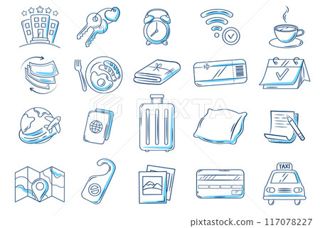 Hotel or hostel doodle blue color icon set. Tourism, travel hand drawn illustrations on white background. Hotel or hostel doodle blue color icon set. Tourism, travel hand drawn illustrations on white background. 117078227