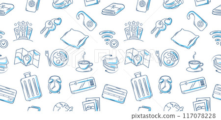 Hotel or hostel blue color pen doodle icon seamless pattern. Tourism, travel hand drawn illustrations on white background. 117078228