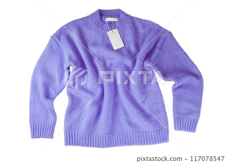 Purple flying crumpled women autumn knitted sweater with label tag isolated on white background Purple flying crumpled women autumn knitted sweater with label tag isolated on white background 117078547