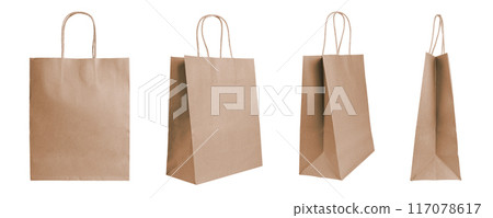 Set of different angles brown shopping bag made from recycled paper isolated on white background Set of different angles brown shopping bag made from recycled paper isolated on white background 117078617