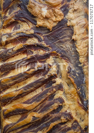 Smoked homemade sausages at the outdoors farmers market 117078717