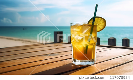 Long Island Iced Tea cocktail on background with blue sea and sky tropical background. Generative AI 117078924