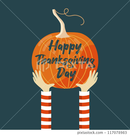 Vector autumn greeting card with big pumpkin. Happy Thanksgiving. Background for fall season. Poster with hands and floral elements. Harvest time 117078983