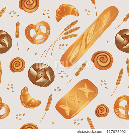 Pastry items seamless pattern. Background for bakery. Bread, baget, bun. Pastry items seamless pattern. Background for bakery. Bread, baget, bun. 117078992