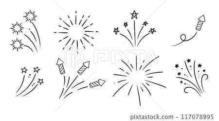 Hand drawn fireworks and stars collection. Doodle sketch. Linear vector explosions set. Hand drawn fireworks and stars collection. Doodle sketch. Linear vector explosions set. 117078995