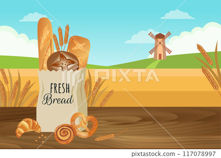 Fresh bread, baget, bun, ciabatta in a bag on the wood table and background of a wheat field, mill. Vector landscape. 117078997