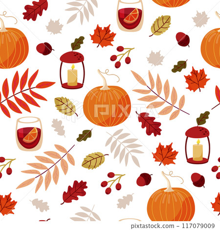 Vector seamless autumn background - pumpkins, mulled wine, oak leaves, maple, acorns and fruits . The pattern of Thanksgiving. 117079009