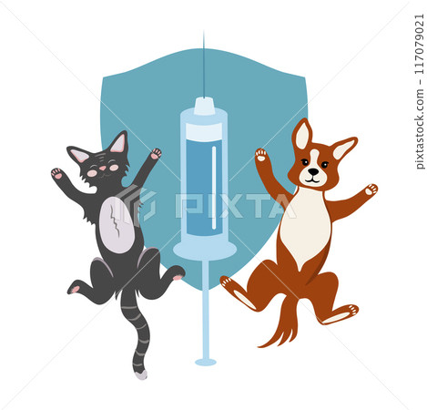 Vaccination of pets. Happy dog and cat around a syringe and large shield on white background. Vector concept for veterinary clinic. Vaccination of pets. Happy dog and cat around a syringe and large shield on white background. Vector concept for veterinary clinic. 117079021