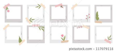 Polaroid photo frames. Summer photo frames set with herbs, leaves and flowers. Vector collection in flat style. Polaroid photo frames. Summer photo frames set with herbs, leaves and flowers. Vector collection in flat style. 117079118