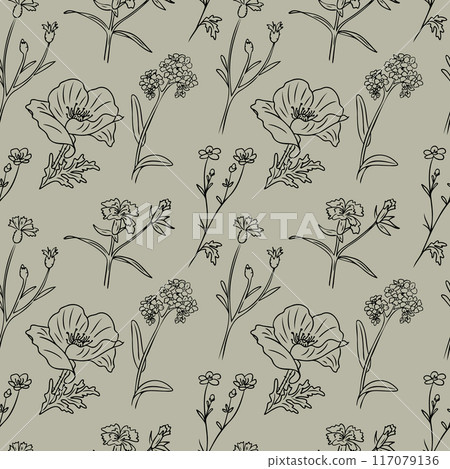 Seamless pattern with contour doodle wild flowers Seamless pattern with contour doodle wild flowers 117079136