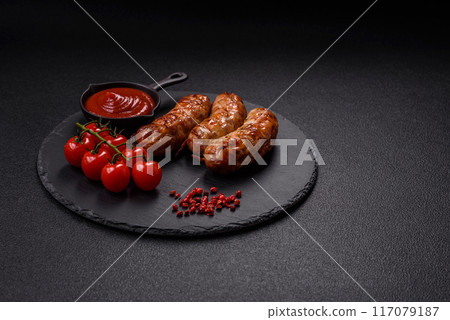 Grilled pork or chicken sausages with salt, spices and herbs Grilled pork or chicken sausages with salt, spices and herbs 117079187