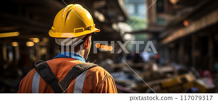Construction Worker with Safety Helmet in a Construction Zone. AI Generated Image 117079317