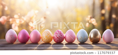 Row of Painted Easter Eggs on a Wooden Table. AI Generated Image 117079337