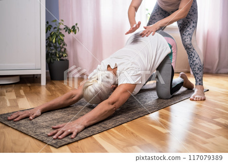 Elderly woman doing pilates on mat at home 117079389