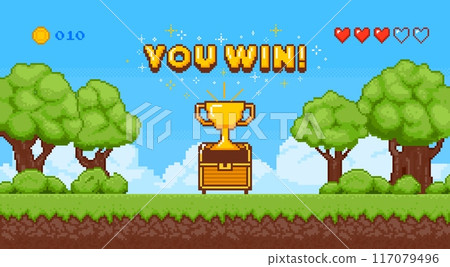 Pixel game art scene with chest. Retro 8 bit win background. Arcade interface with open chest, treasure, cup and stars. Computer game victory. Vector video computer banner 117079496
