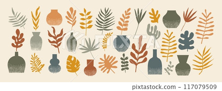 Abstract plants and vase shapes. Organic floral home interior elements. Aesthetic minimal foliage, palm tree leaves and elegant vase for design template. Vector boho textured botanical set. 117079509