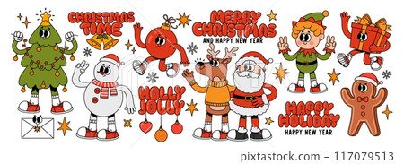 Christmas characters. Cartoon groovy 70s holiday mascots. Merry Christmas and Happy New Year. Comic Santa Claus, deer and snowman, elf and Christmas tree, gingerbread. Vector 60s winter holiday set 117079513