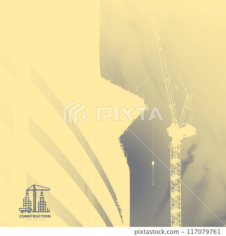 Construction of a building with a crane in the background, silhouette photo. High light key. Logo on background 117079761