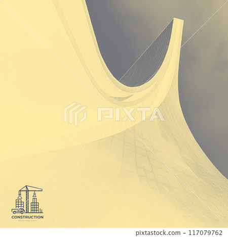 Construction of a building with a crane in the background, silhouette photo. High light key. Logo on background 117079762