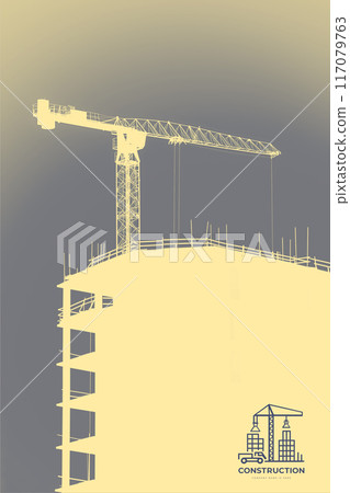 Construction of a building with a crane in the background, silhouette photo. High light key. Logo on background 117079763