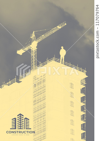 Construction of a building with a crane in the background, silhouette photo. High light key. Logo on background 117079764
