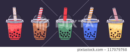 Bubble milk tea cups. Tapioca pearls boba tea drink, taiwan milk tea, soft flavored drinks flat vector illustration set. Hand drawn bubble tea cups Bubble milk tea cups. Tapioca pearls boba tea drink, taiwan milk tea, soft flavored drinks flat vector illustration set. Hand drawn bubble tea cups 117079768