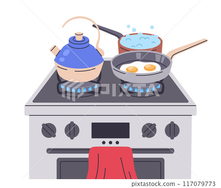 Cooking on stove. Boiling water, fried eggs in pan and boiling kettle on gas cooker, food preparing flat vector illustration. Breakfast or dinner cook on gas stove Cooking on stove. Boiling water, fried eggs in pan and boiling kettle on gas cooker, food preparing flat vector illustration. Breakfast or dinner cook on gas stove 117079773