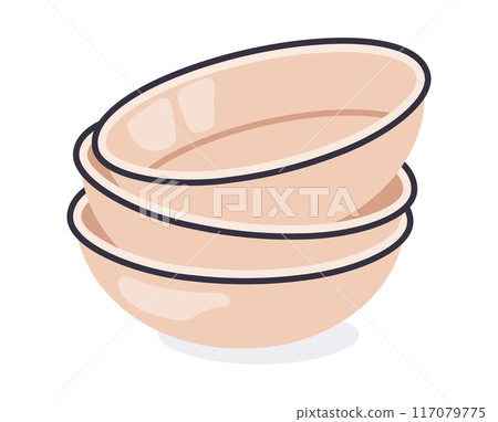 Deep plates stack. Porcelain kitchenware dishes for soup and salad, ceramic bowls flat vector illustration. Kitchen tableware dishes on white 117079775